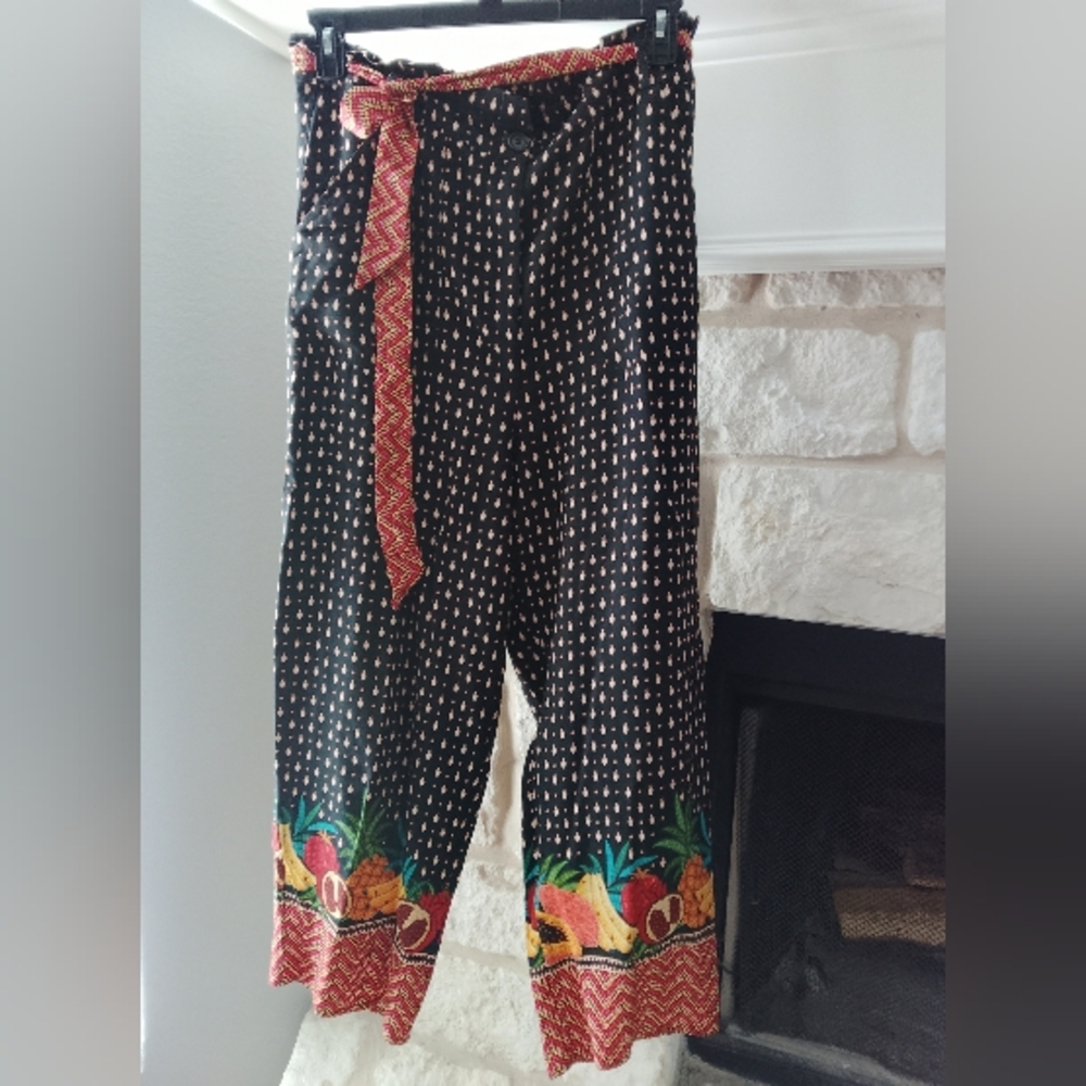 FarmRio Anthropologie Black and Red Patterned Wide Leg Pants Large